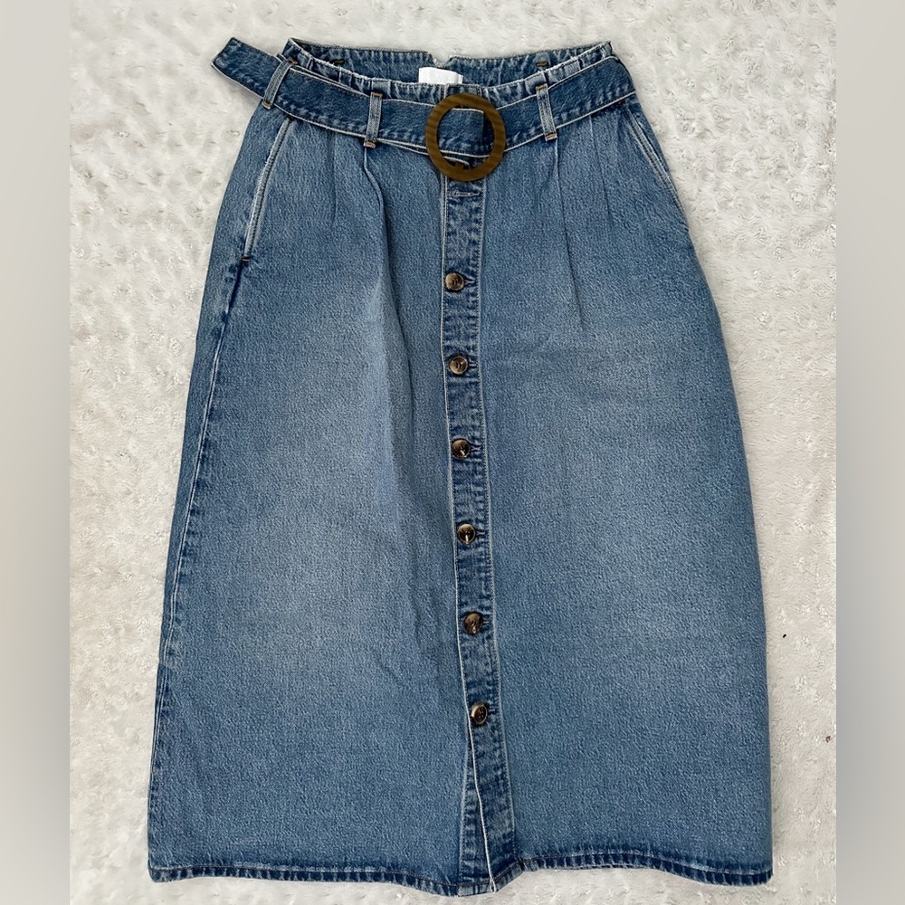 Boyish Blue Denim Midi Skirt with Belt